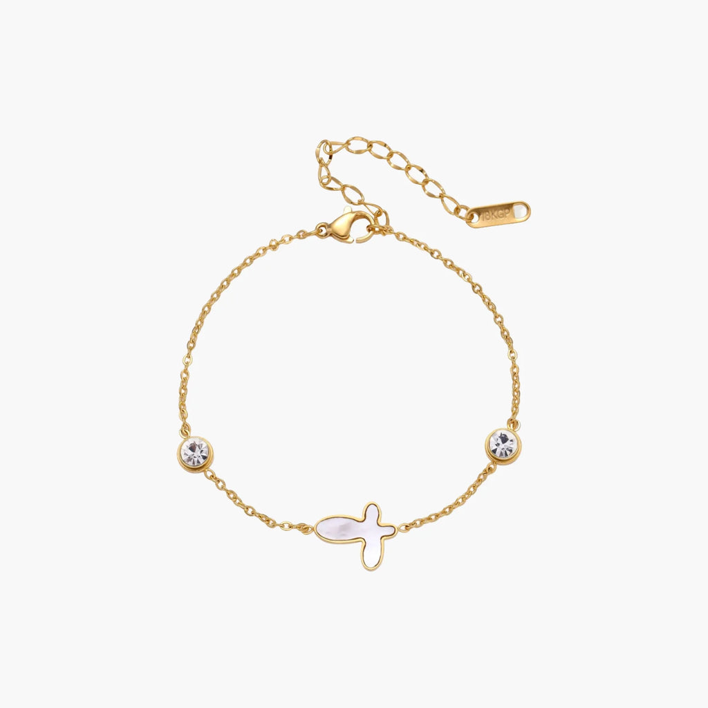 Iridescent Mother of Pearl  Butterfly 18K Gold Plated Steel Cross Bracelet