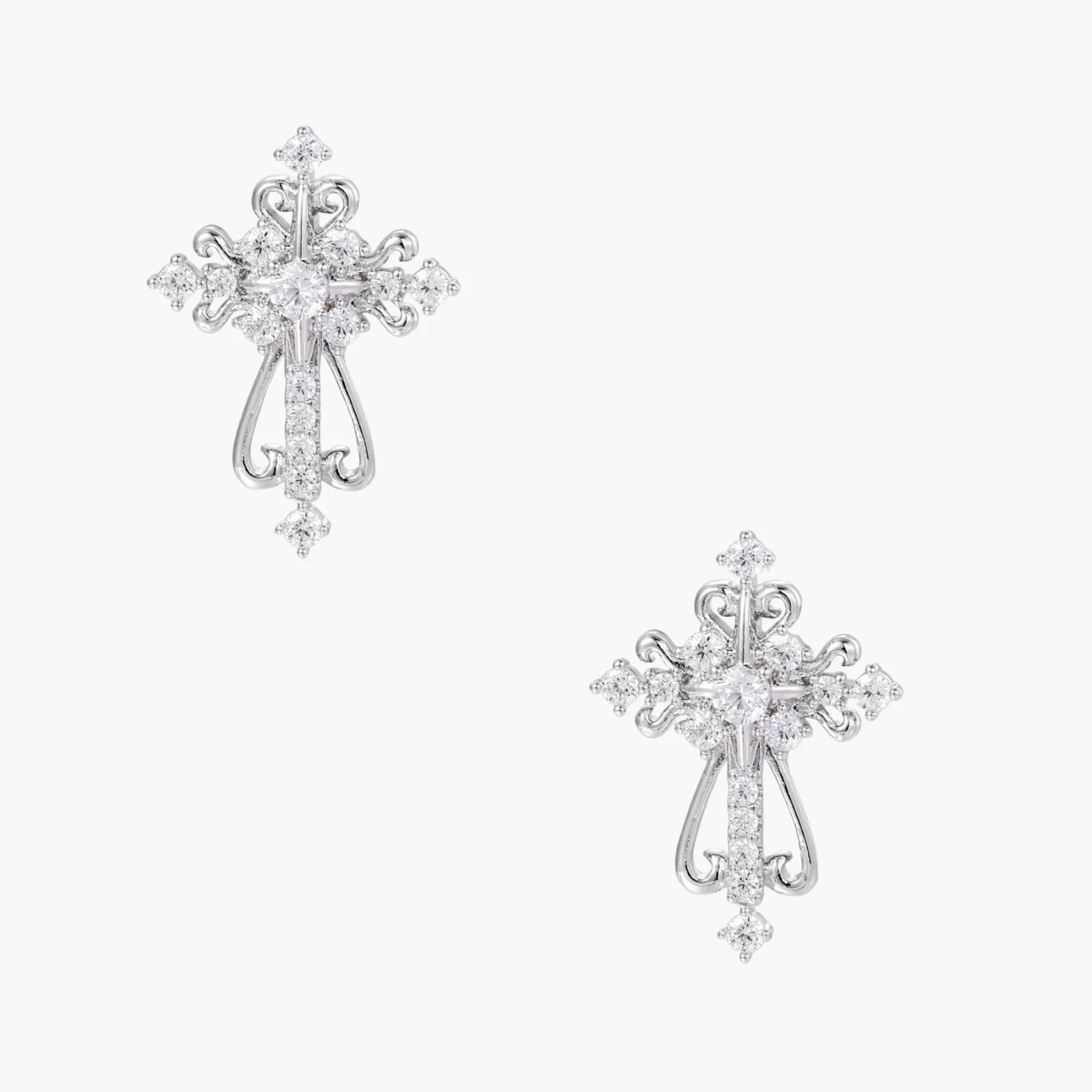 Divine Grace Baroque White Gold Cross Earrings
