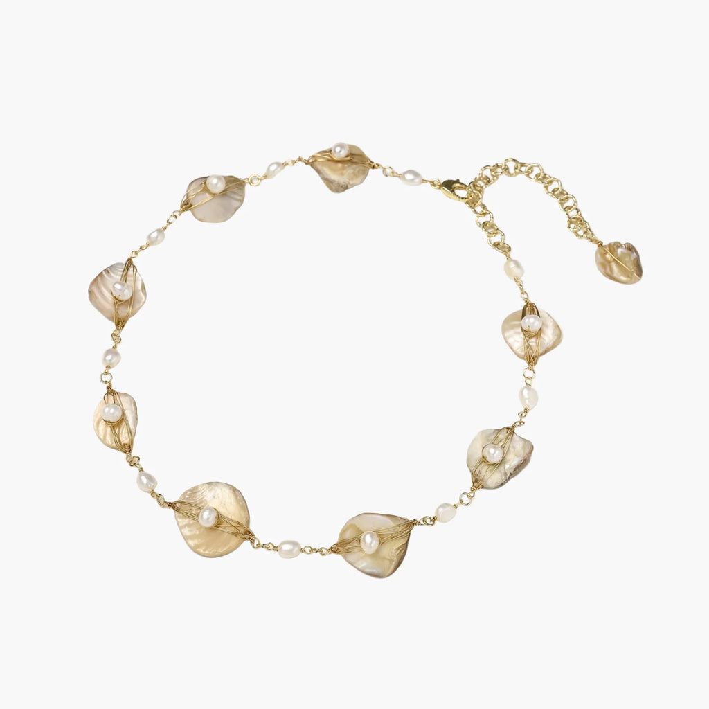 Golden 14K Leaf Freshwater Pearl Necklace