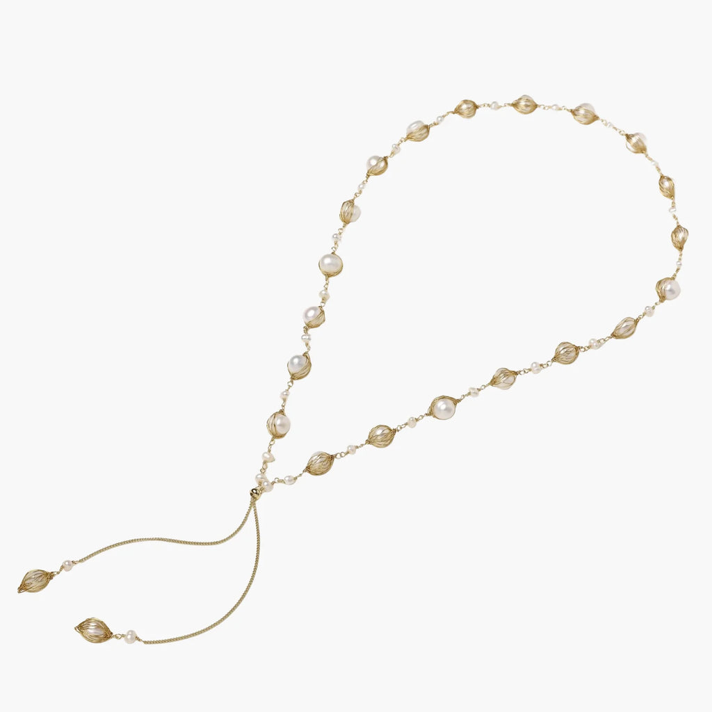 Golden Freshwater Pearl and 14K Gold Plated Lariat Drop Necklace