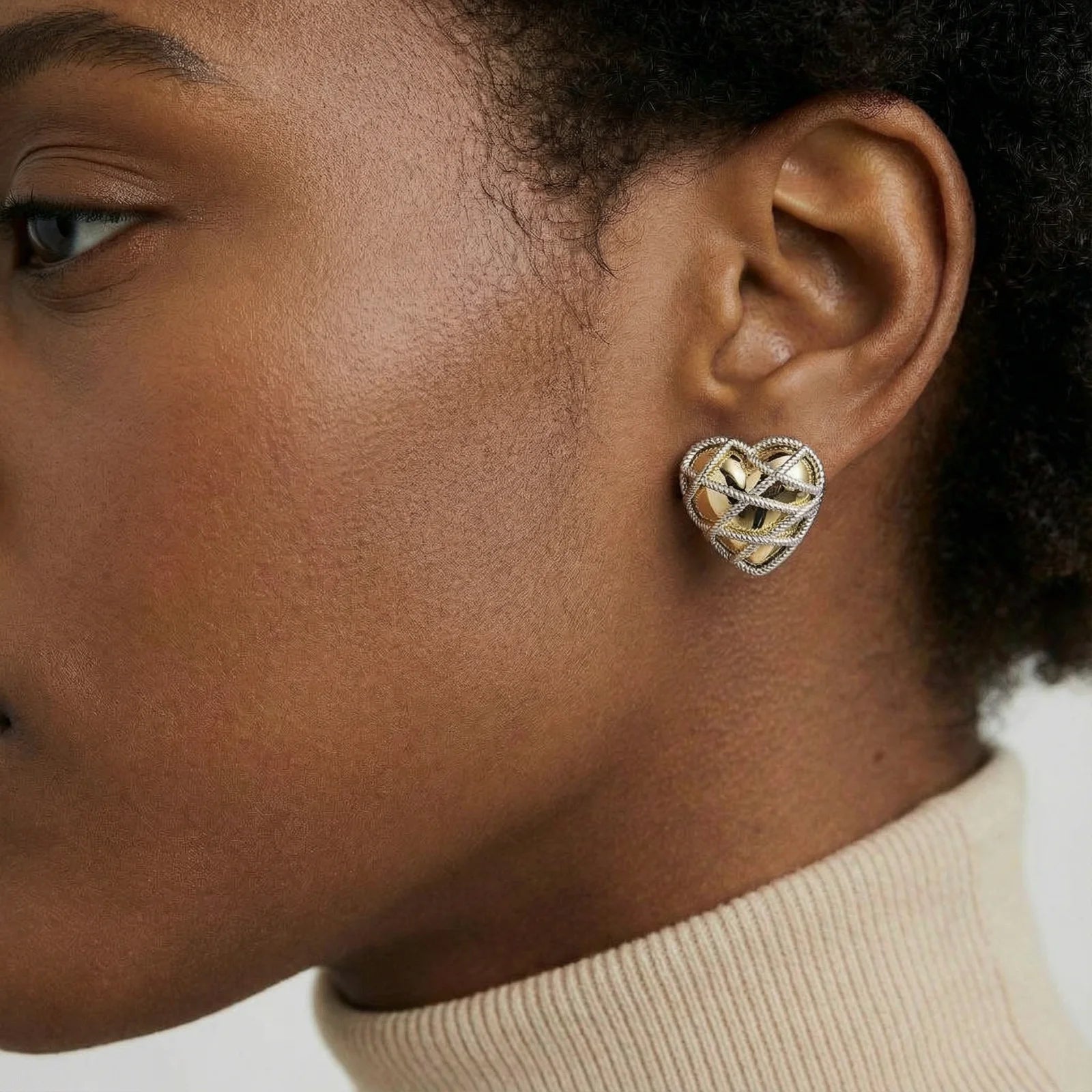 Lattice Gold and Silver Heart Stud Earrings