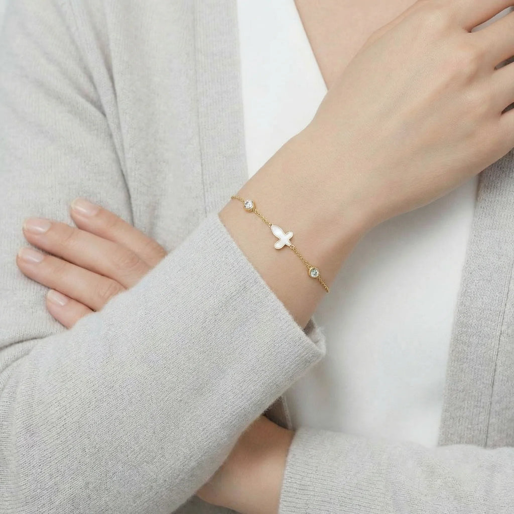 Iridescent Mother of Pearl  Butterfly 18K Gold Plated Steel Cross Bracelet