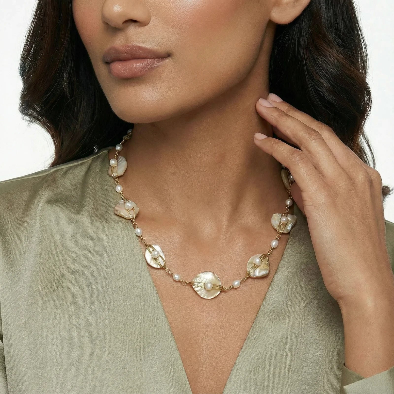 Golden 14K Leaf Freshwater Pearl Necklace