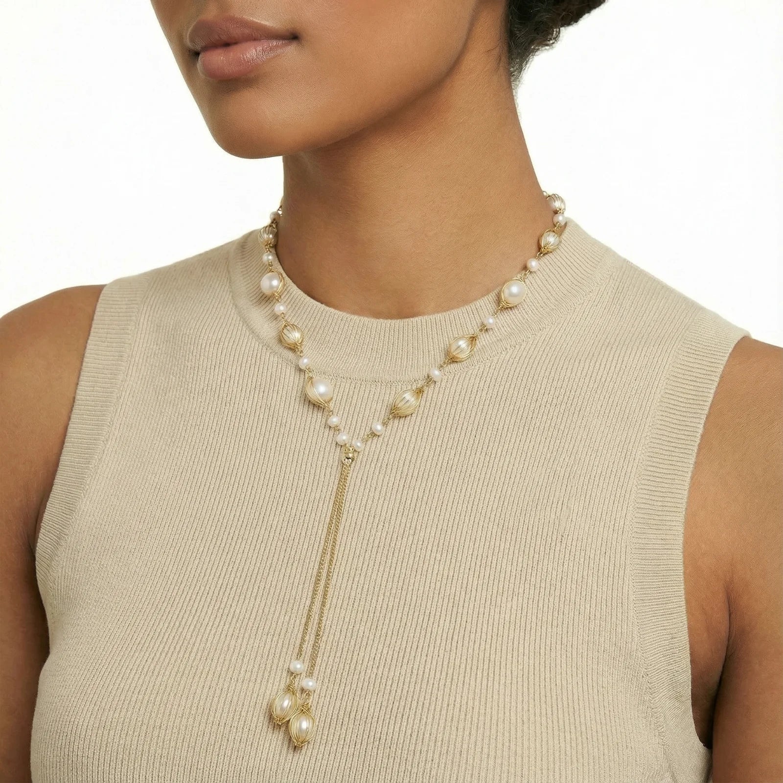 Golden Freshwater Pearl and 14K Gold Plated Lariat Drop Necklace