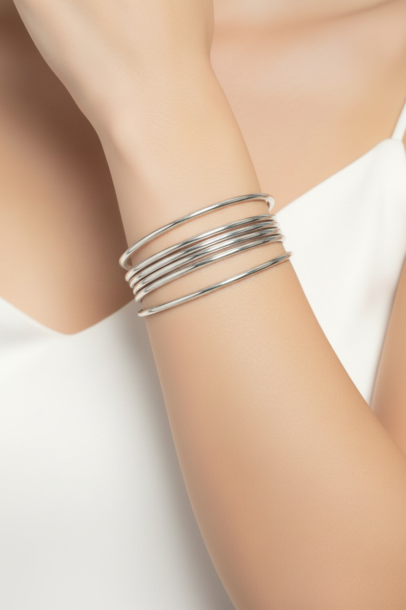 Sterling Silver  7 Piece Set 8" Round Bangles