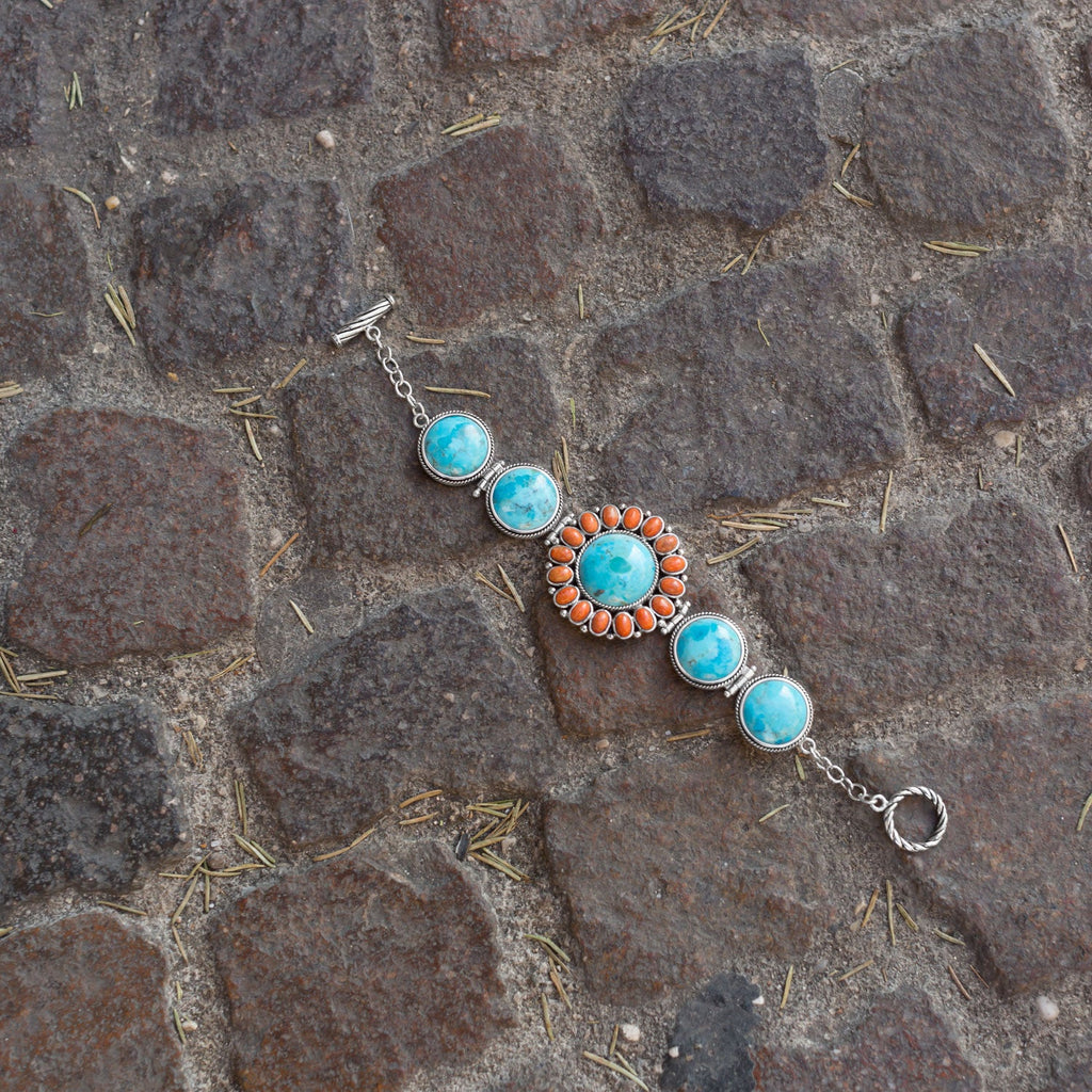 7.5" Southwest Turquoise and Coral Sunburst Toggle Bracelet