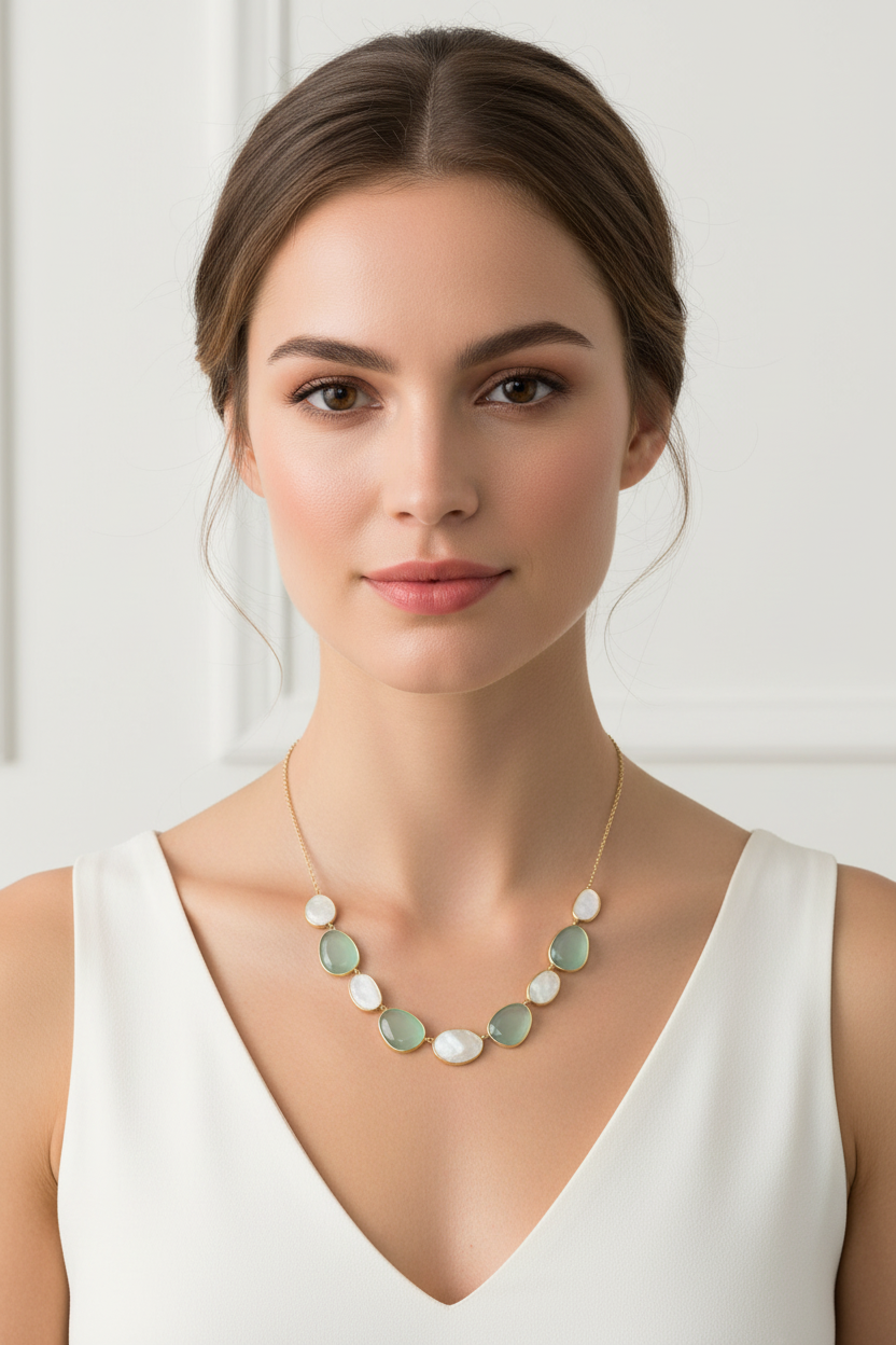 14 Karat Gold Plated Rainbow Moonstone and Green Chalcedony Necklace