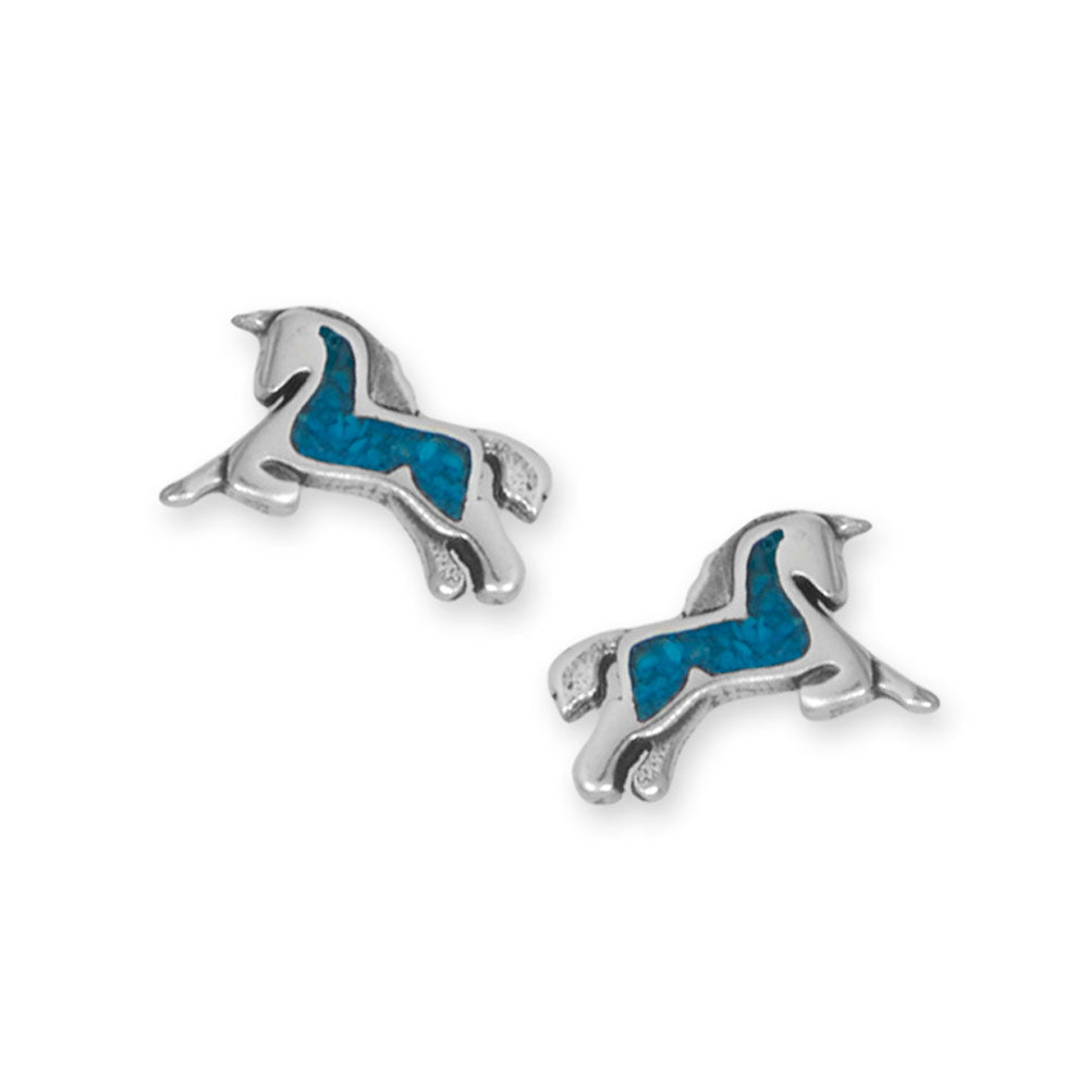 Oxidized Turquoise Chip Inlay Prancing Unicorn Stud Earrings