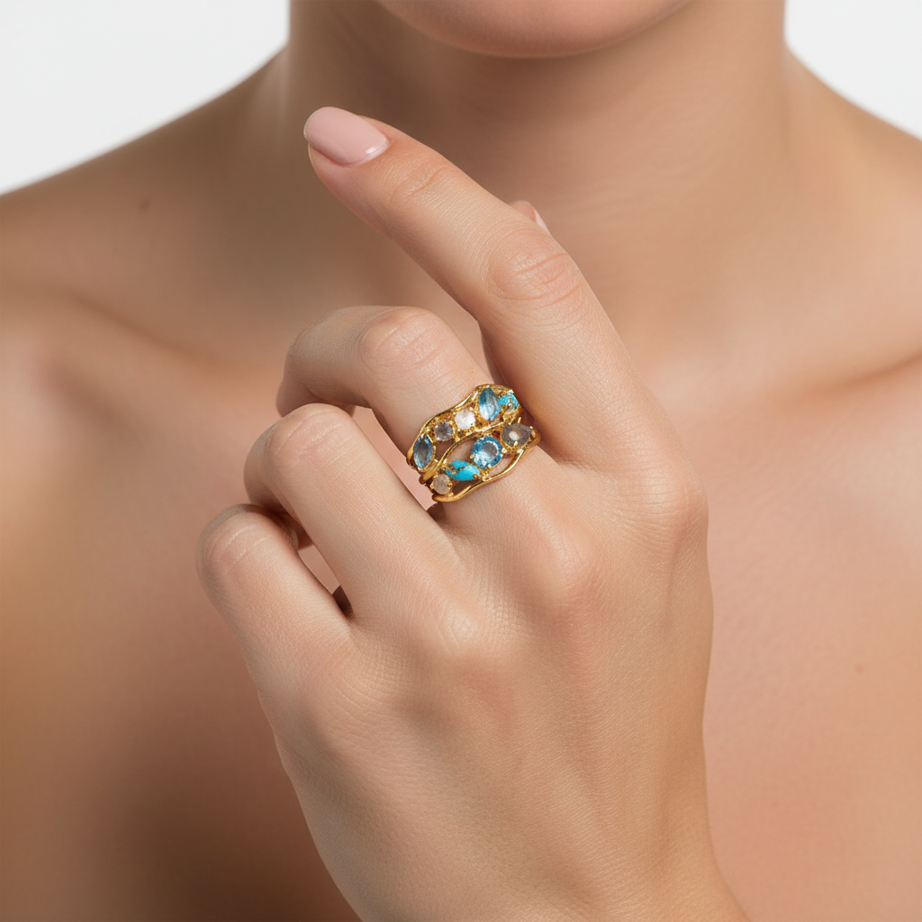 14 Karat Gold Plated Blue Multi Stone Cluster Ring