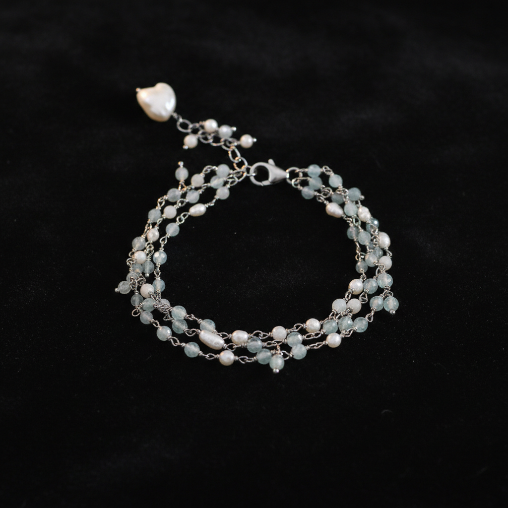 7"+1" Three Strand Aquamarine and Cultured Freshwater Pearl Bracelet
