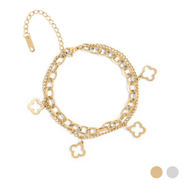 18K Gold Plated Stainless Steel Lucky Clover Double Chain Charm Bracelet