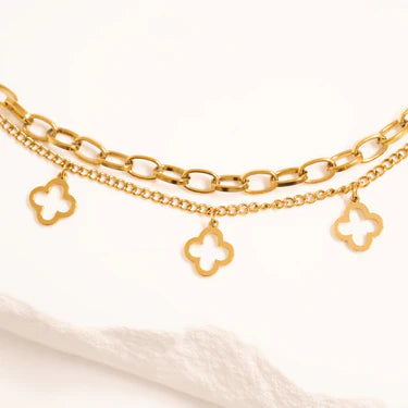18K Gold Plated Stainless Steel Lucky Clover Double Chain Charm Bracelet