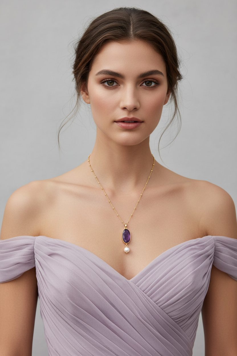 16" + 2" 14 Karat Gold Plated Amythest and Pearl Necklace