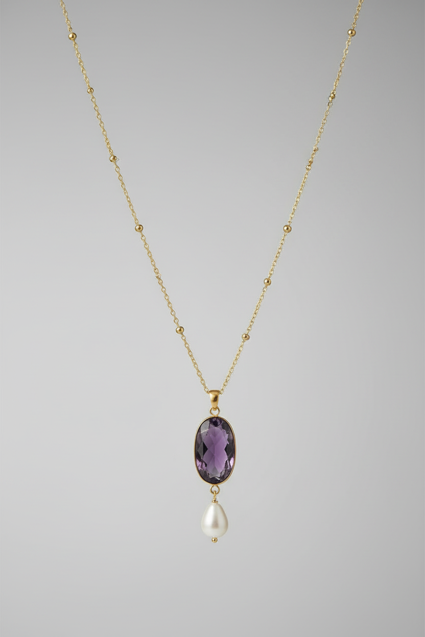 16" + 2" 14 Karat Gold Plated Amythest and Pearl Necklace