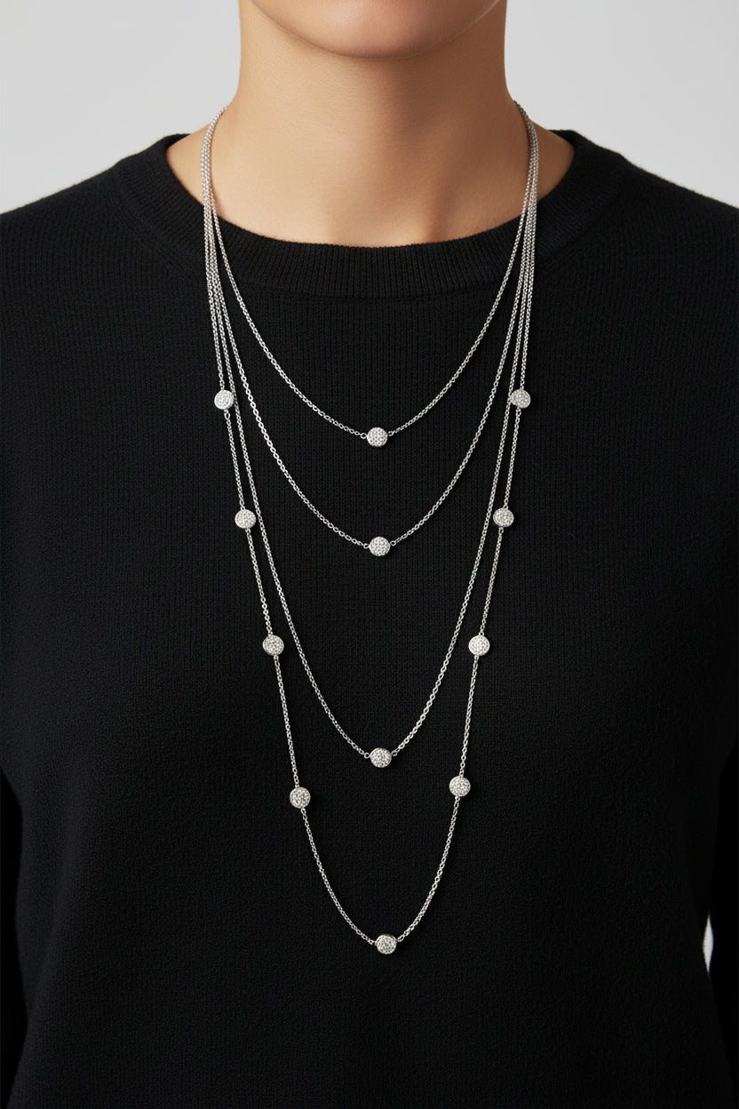 Triple Strand Layering Station Necklace 1.28 Pave CZ